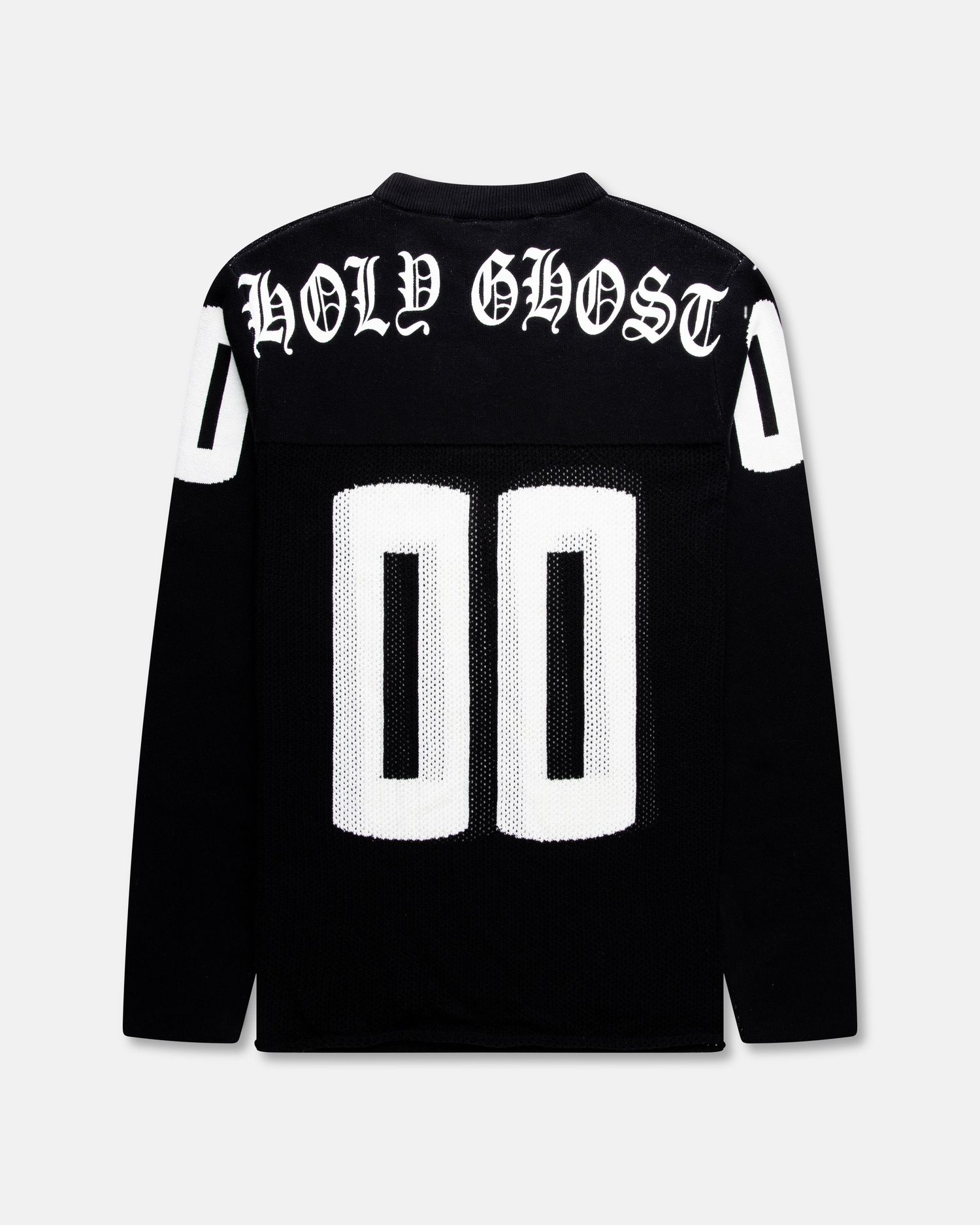 Black long sleeve football jersey with Holy Ghost text and number 00 on back in white gothic lettering.