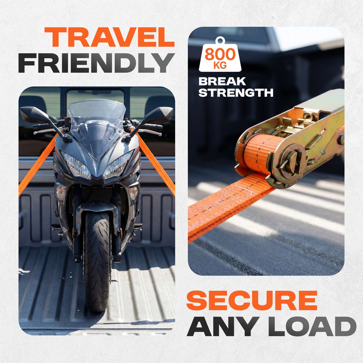 Black motorcycle and orange cargo strap shown to demonstrate travel-friendly loading and 600 pound break strength security.