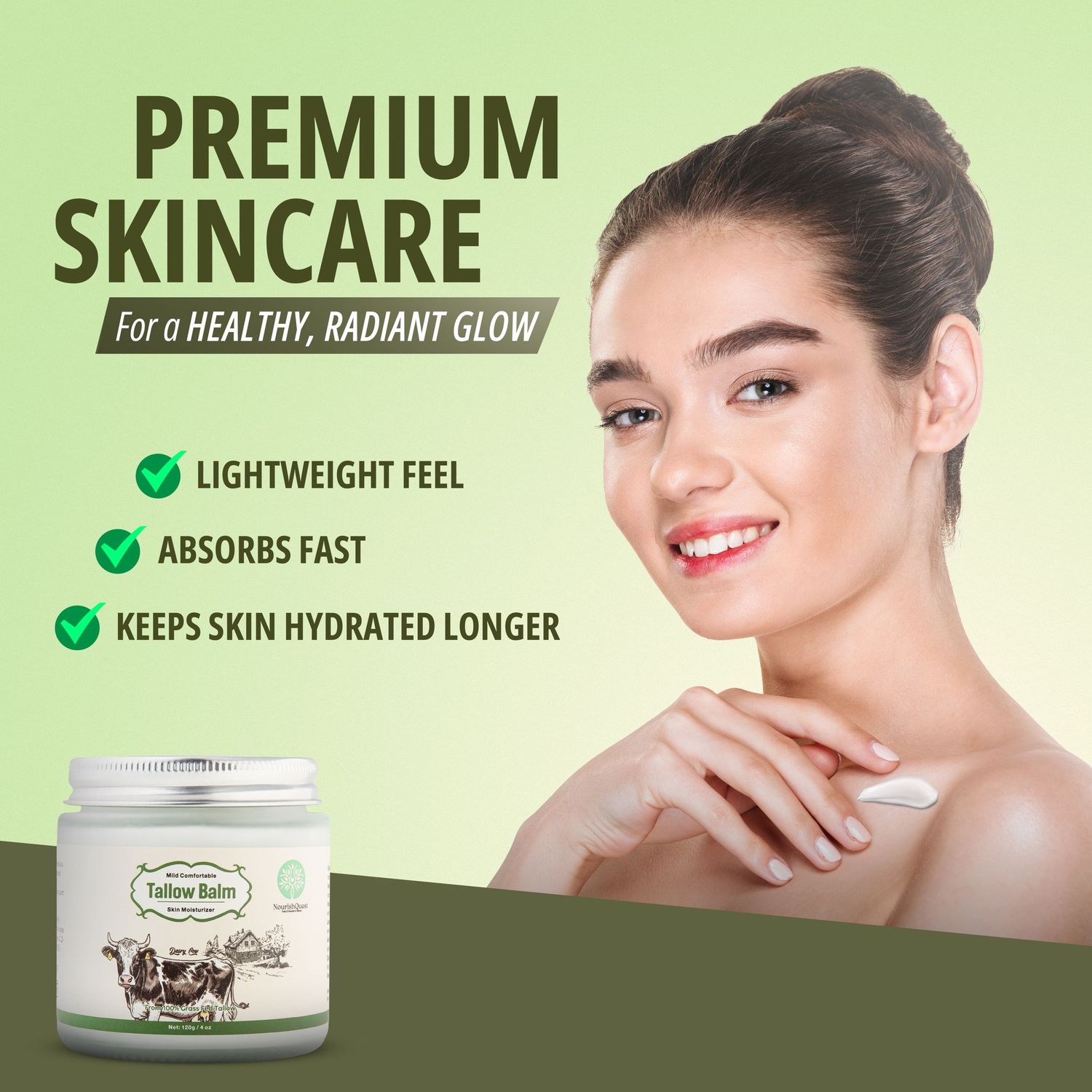 Premium skincare product banner highlighting moisturizing benefits and fast absorption features.