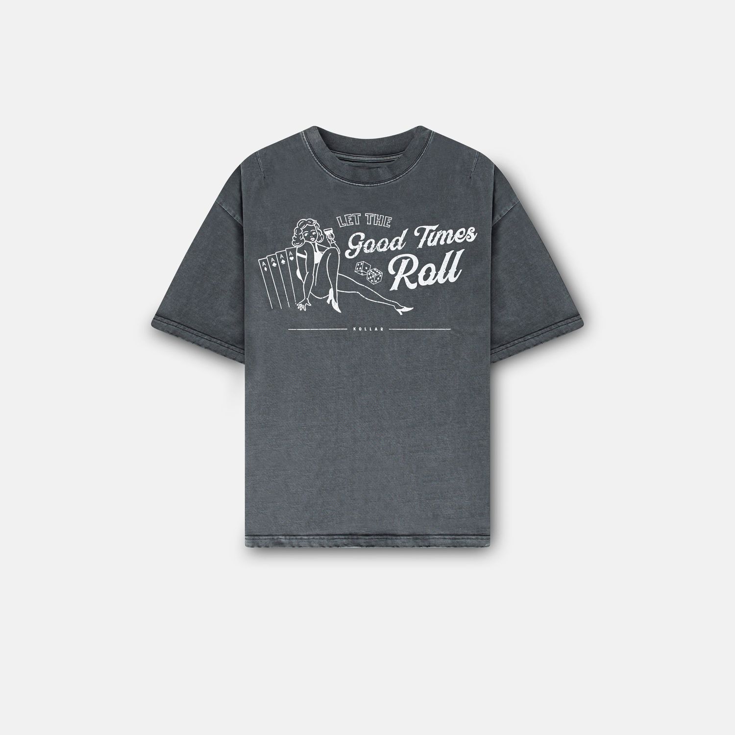 Gray graphic t-shirt with vintage-style text print shown in cropped views.