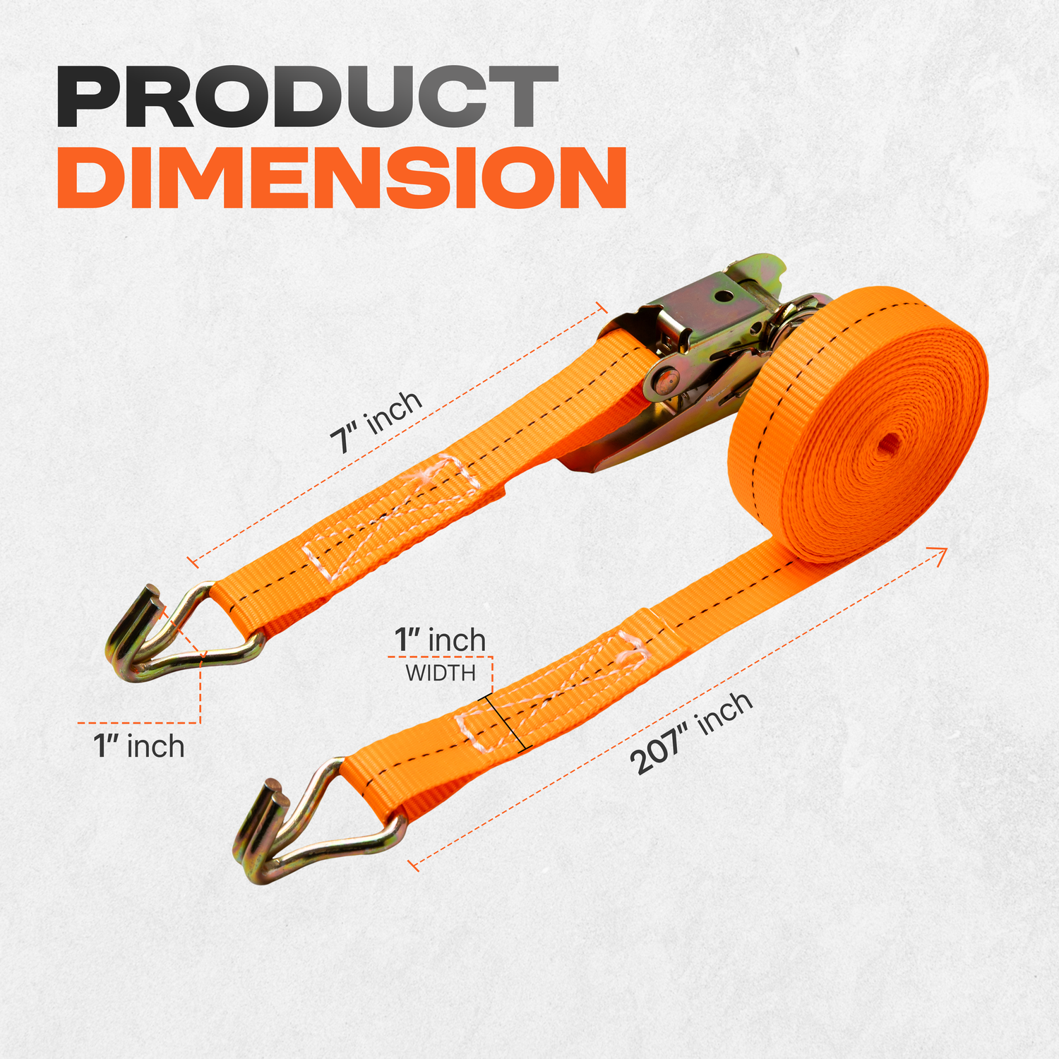 Product dimensions diagram showing orange ratchet strap measurements with 7 inch length and 1 inch width specifications.