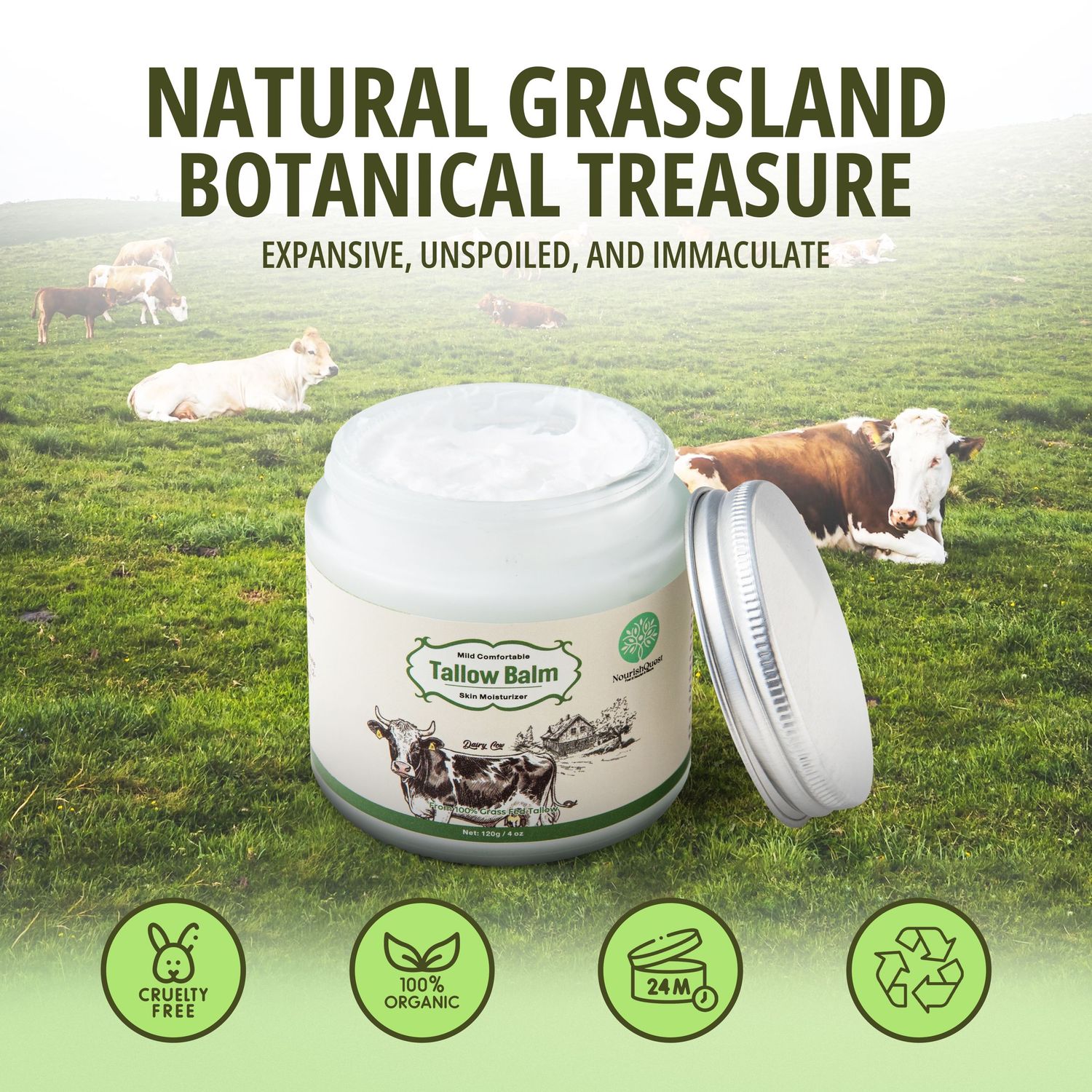 Natural grassland scene with cows grazing and product packaging featuring botanical skincare elements.