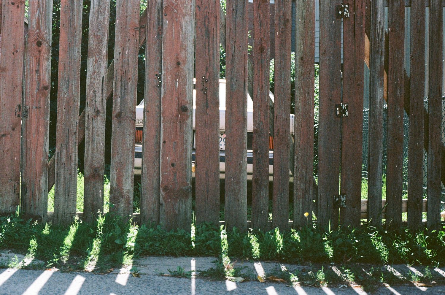 Long wooden fence stretching across a backyard with vertical slats.