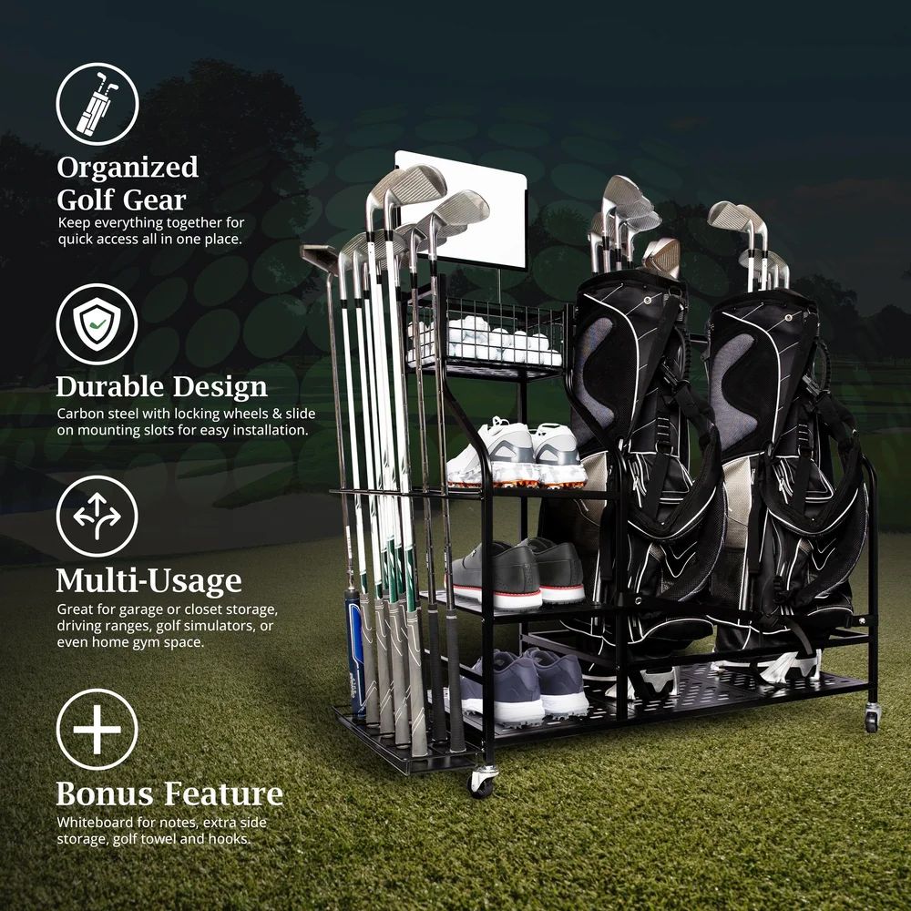 Golf gear organizer rack with multiple storage compartments shown in outdoor setting.