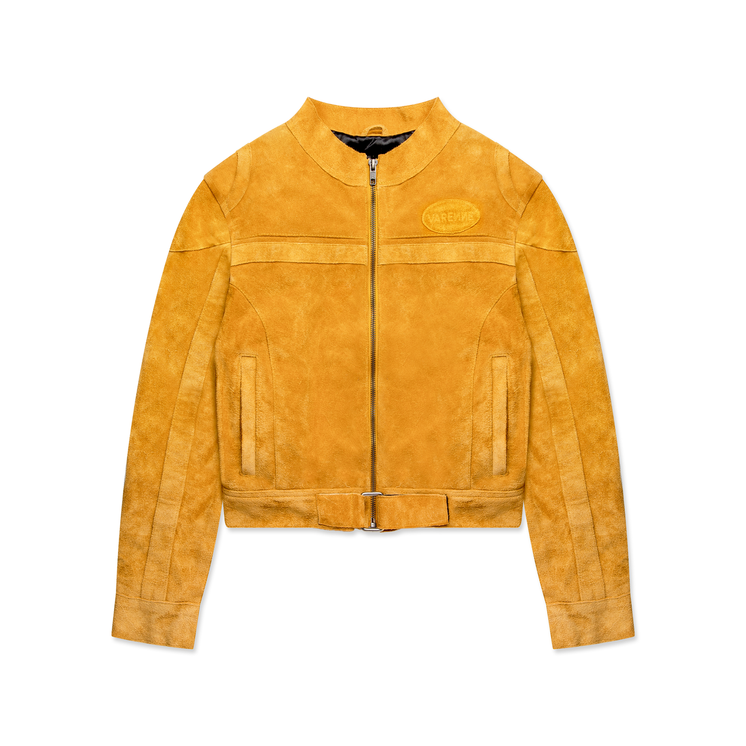 Mustard yellow suede cropped jacket displayed from multiple angles.