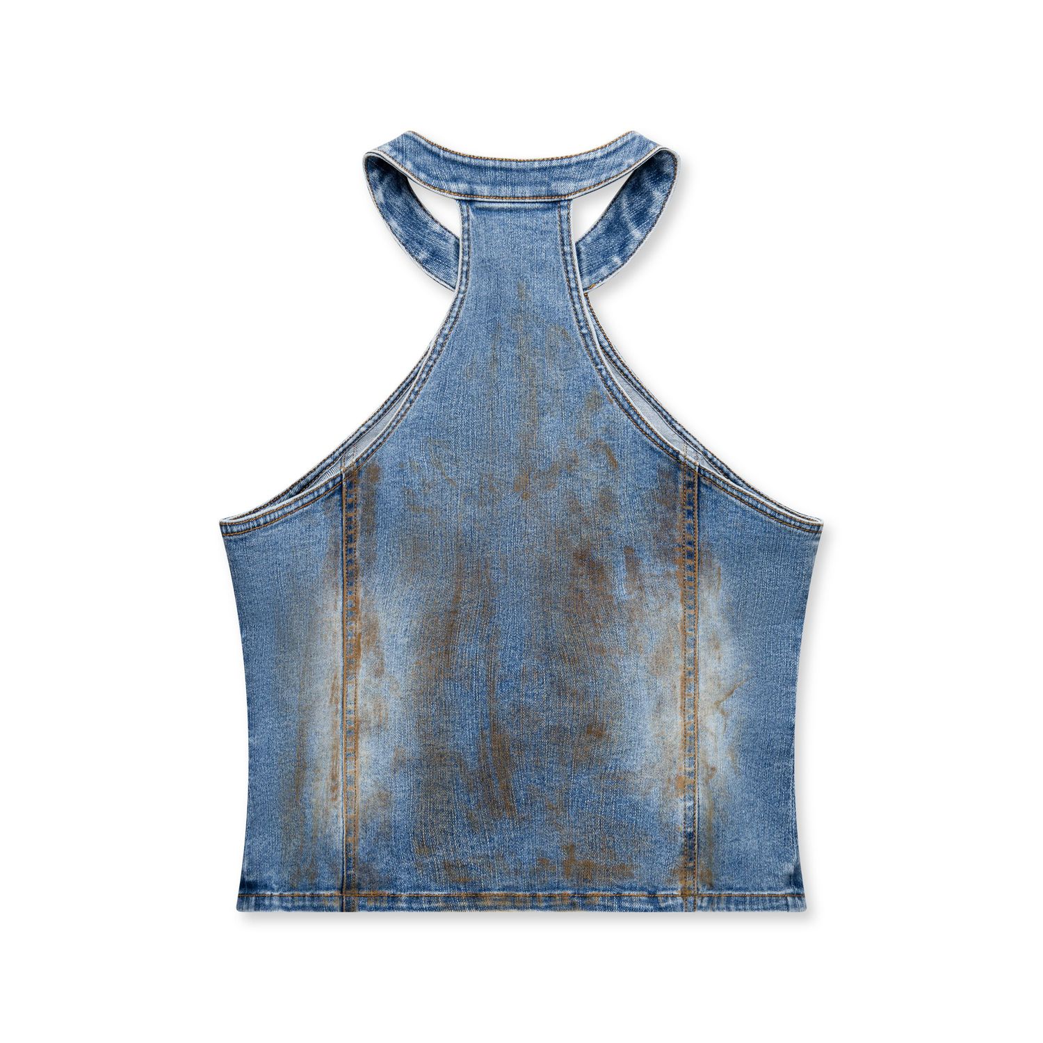 Distressed denim crop top with tank style straps and faded wash effect.
