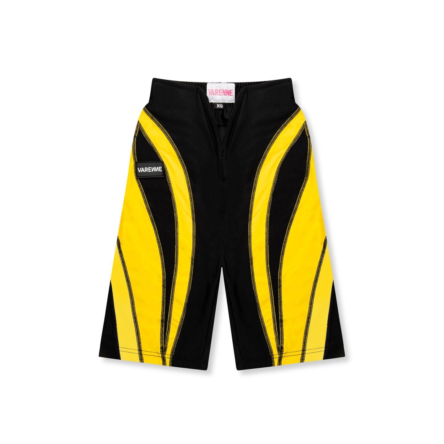 Athletic shorts in black and yellow with contrast side panels.