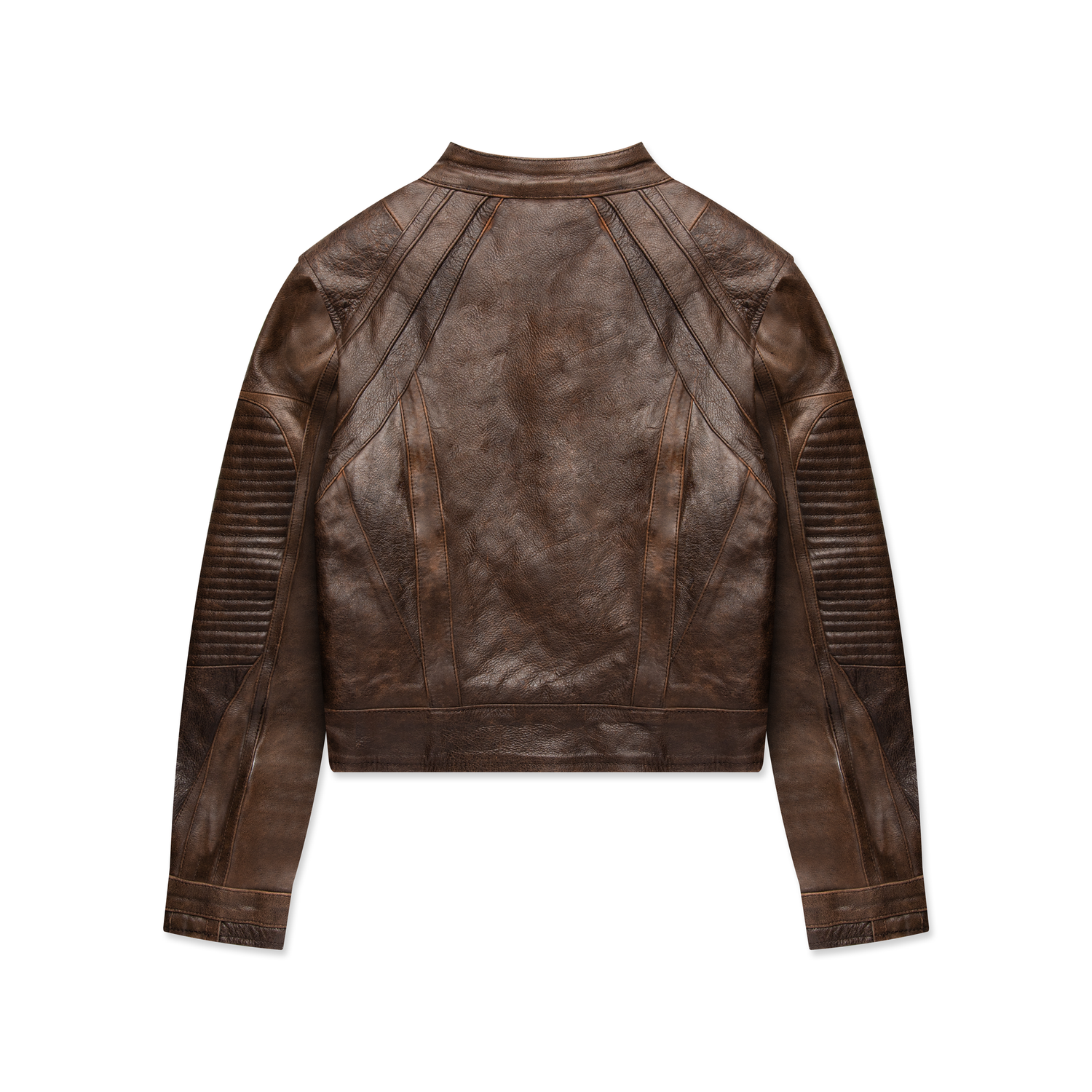 Back view of brown leather cropped jacket with ribbed sleeve details.