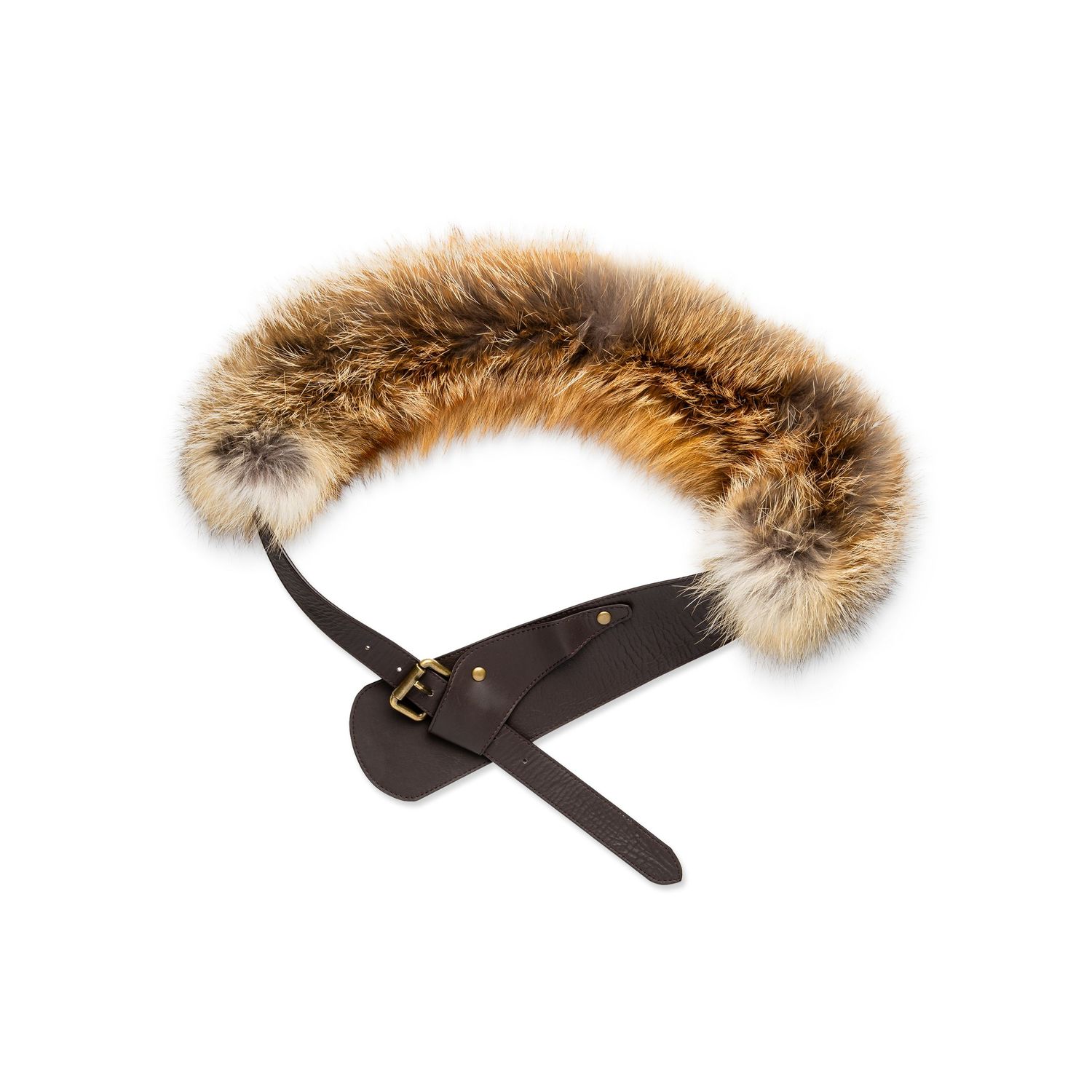 Brown fur trim accessory with leather strap and adjustable buckle closure.