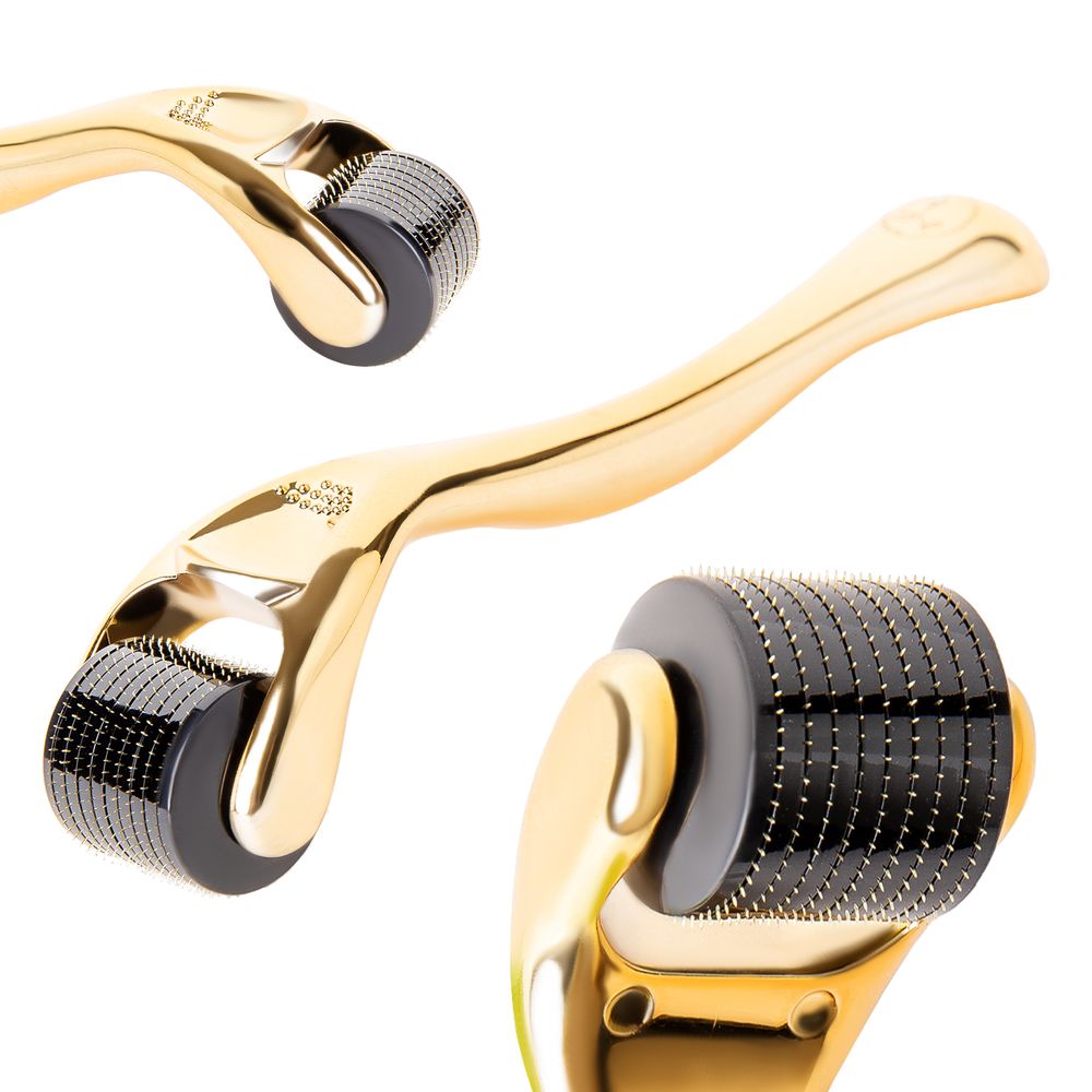 Gold derma roller with micro needles displayed in multiple angles showing its premium design and construction.