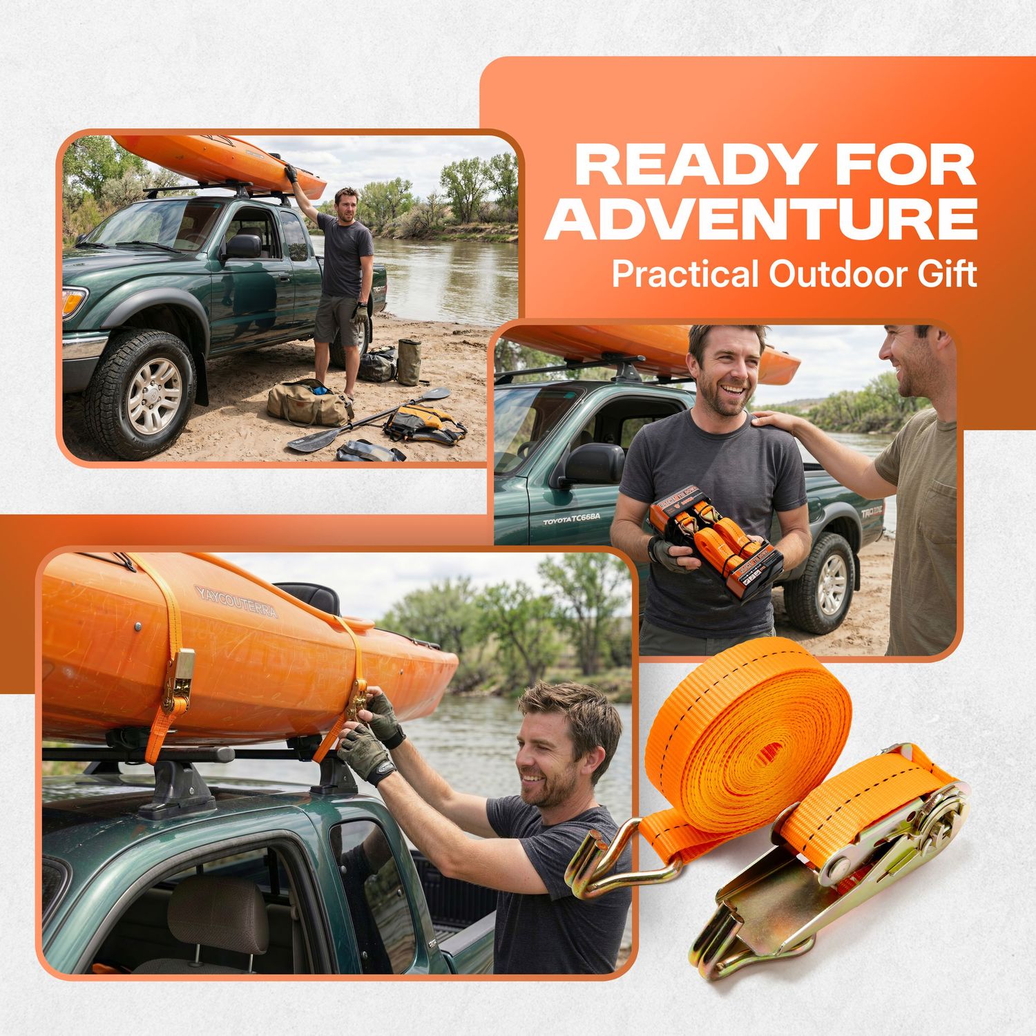 A collection of outdoor adventure gear including orange camping equipment and off-road vehicle accessories displayed together.
