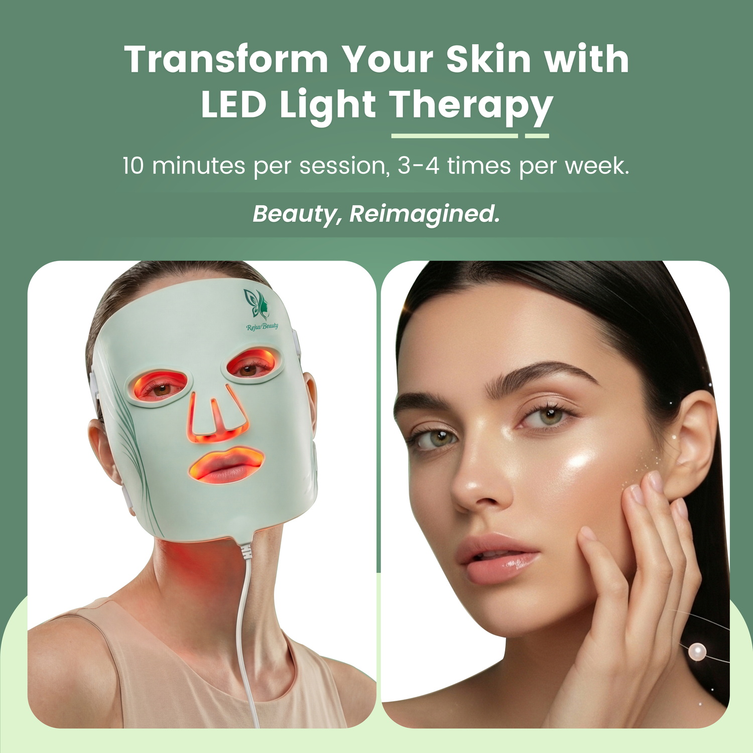LED light therapy beauty treatment showing green and red light applications on skin for skincare and rejuvenation.