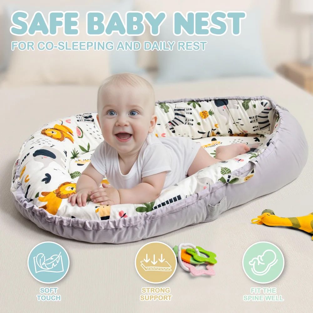 Baby nest lounger with animal print design showcasing safety features and age recommendations.