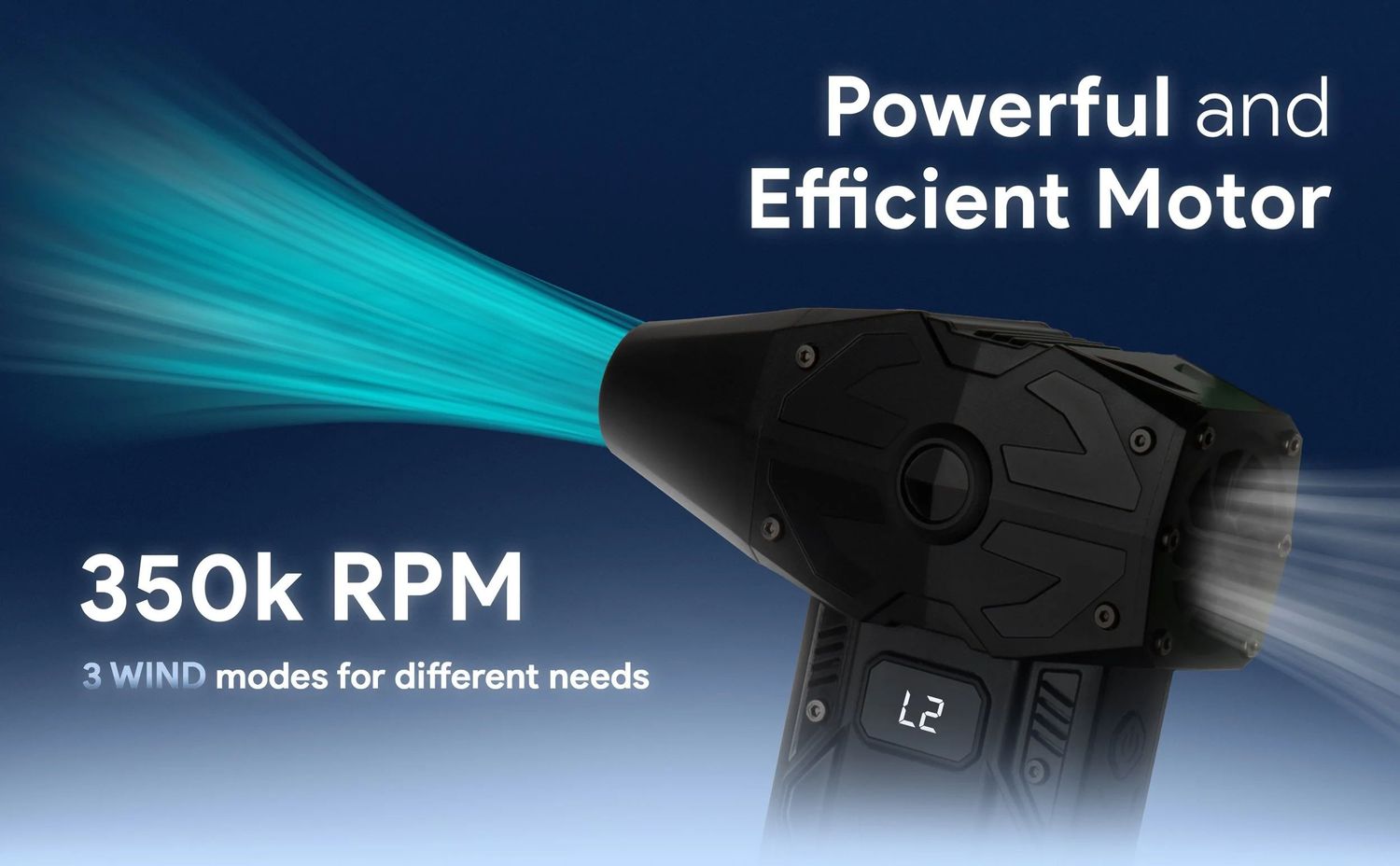 Powerful and efficient motor specifications shown on blue gradient background with technical details.