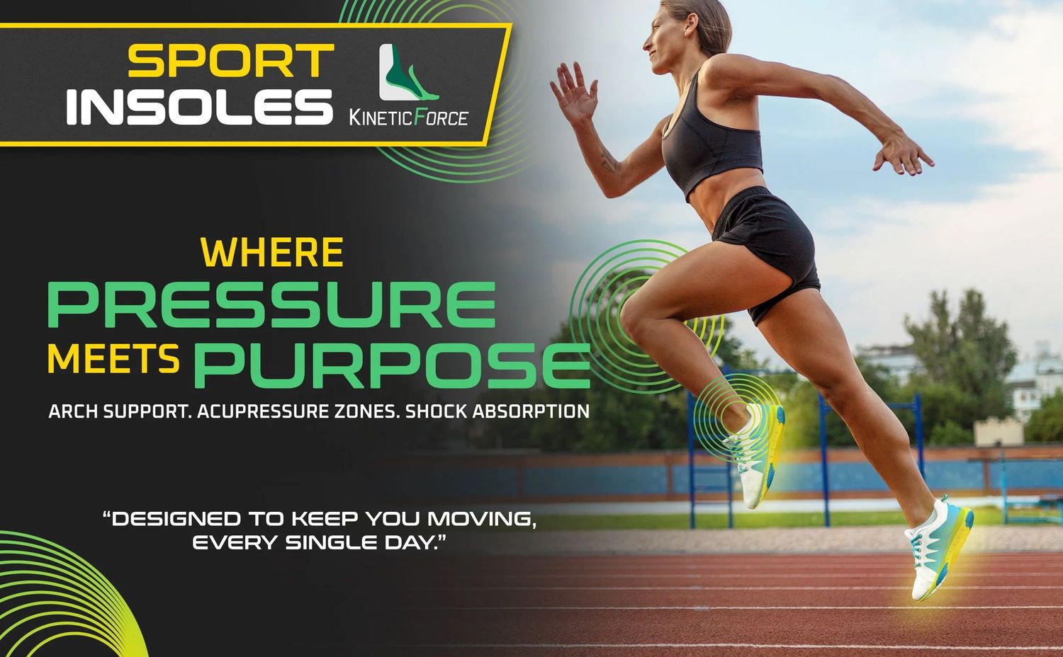 Athletic footwear product banner showing running shoes with technical features and performance zones highlighted.