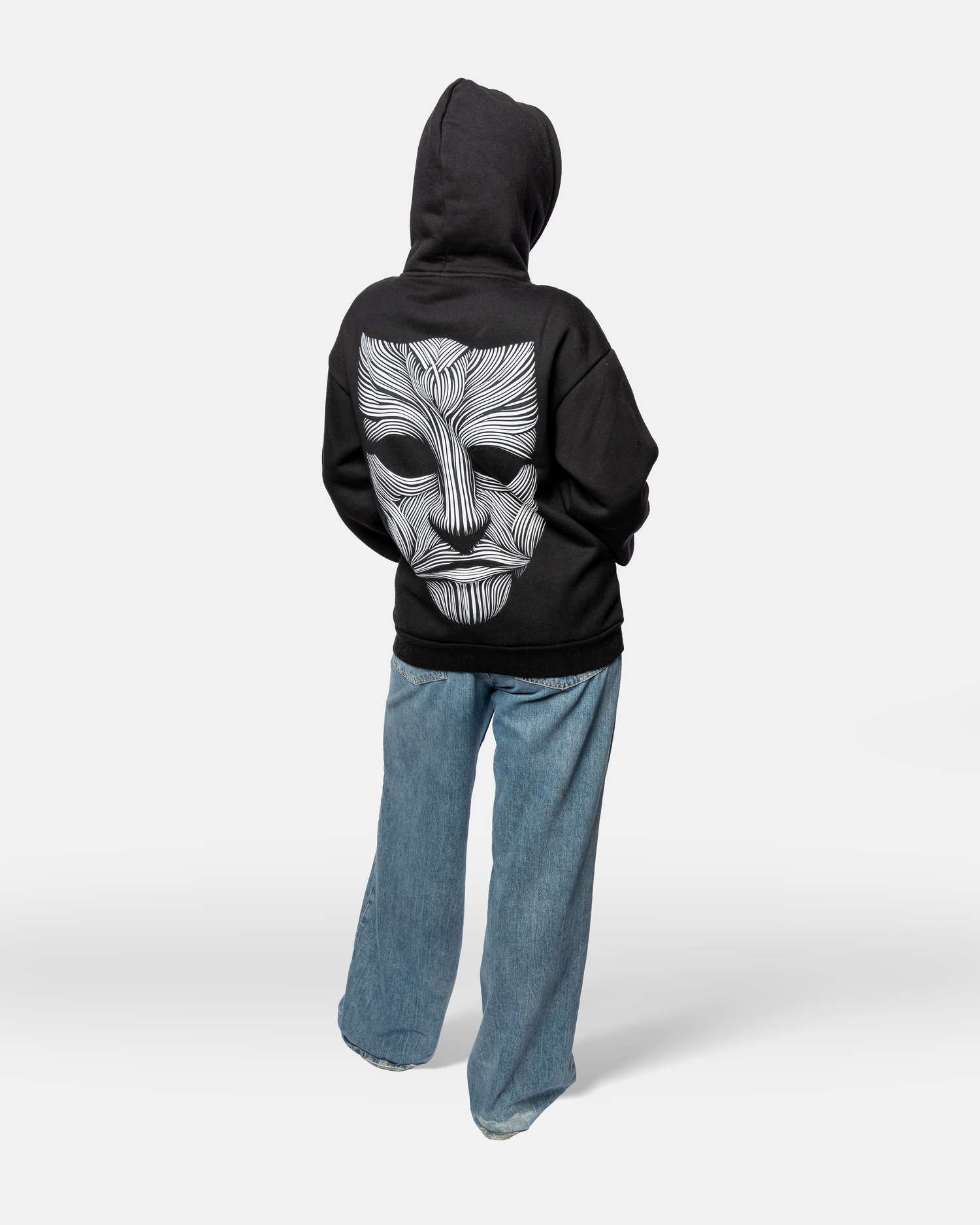 Black hoodie with face design shown from back view against white background.