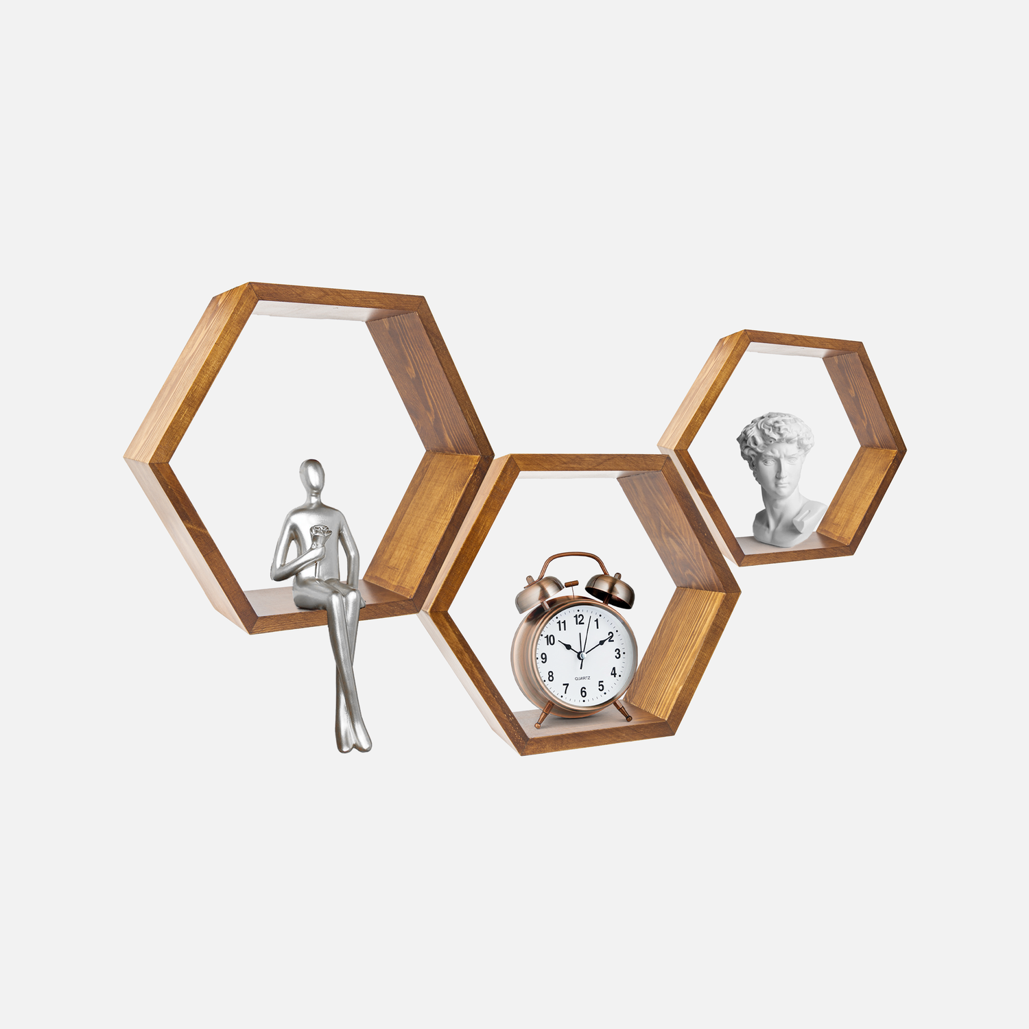 Wooden hexagonal wall shelves with decorative clock and figurine displays.