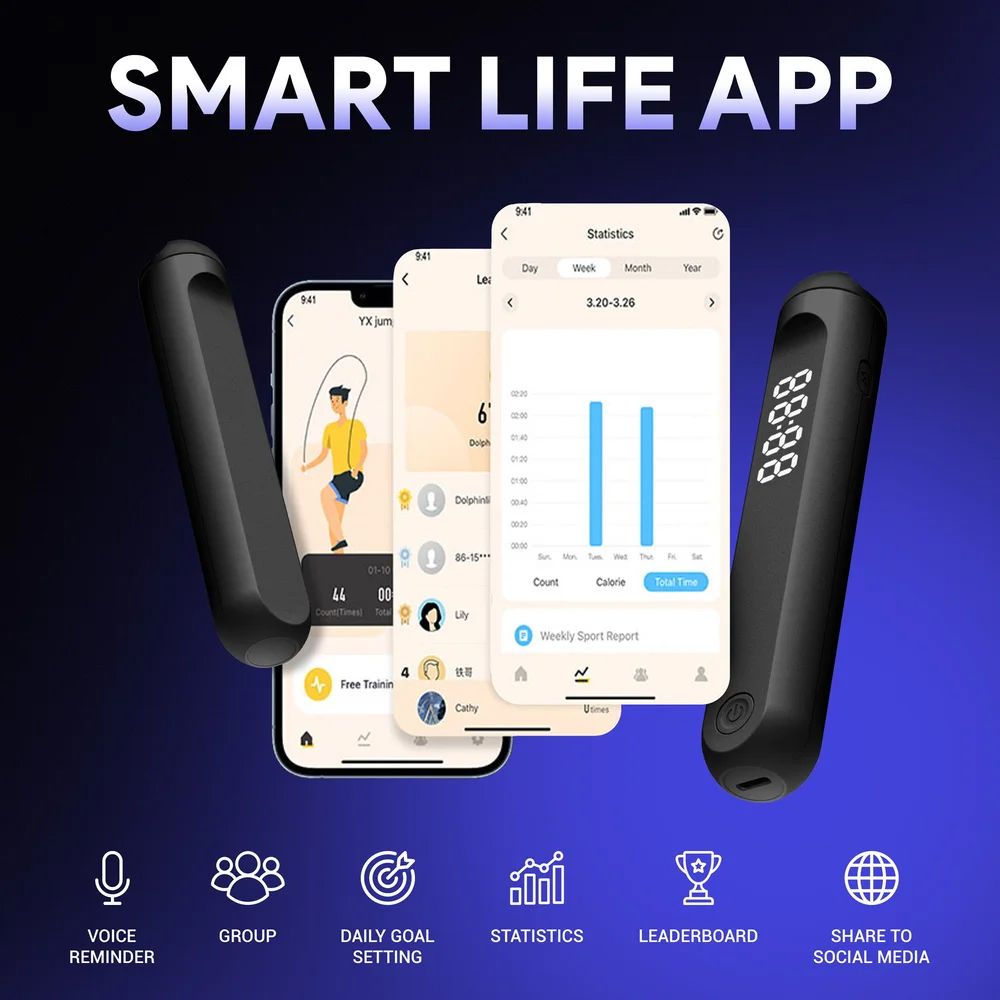 Smart Life app interface showing fitness tracking and social features for jump rope workouts.