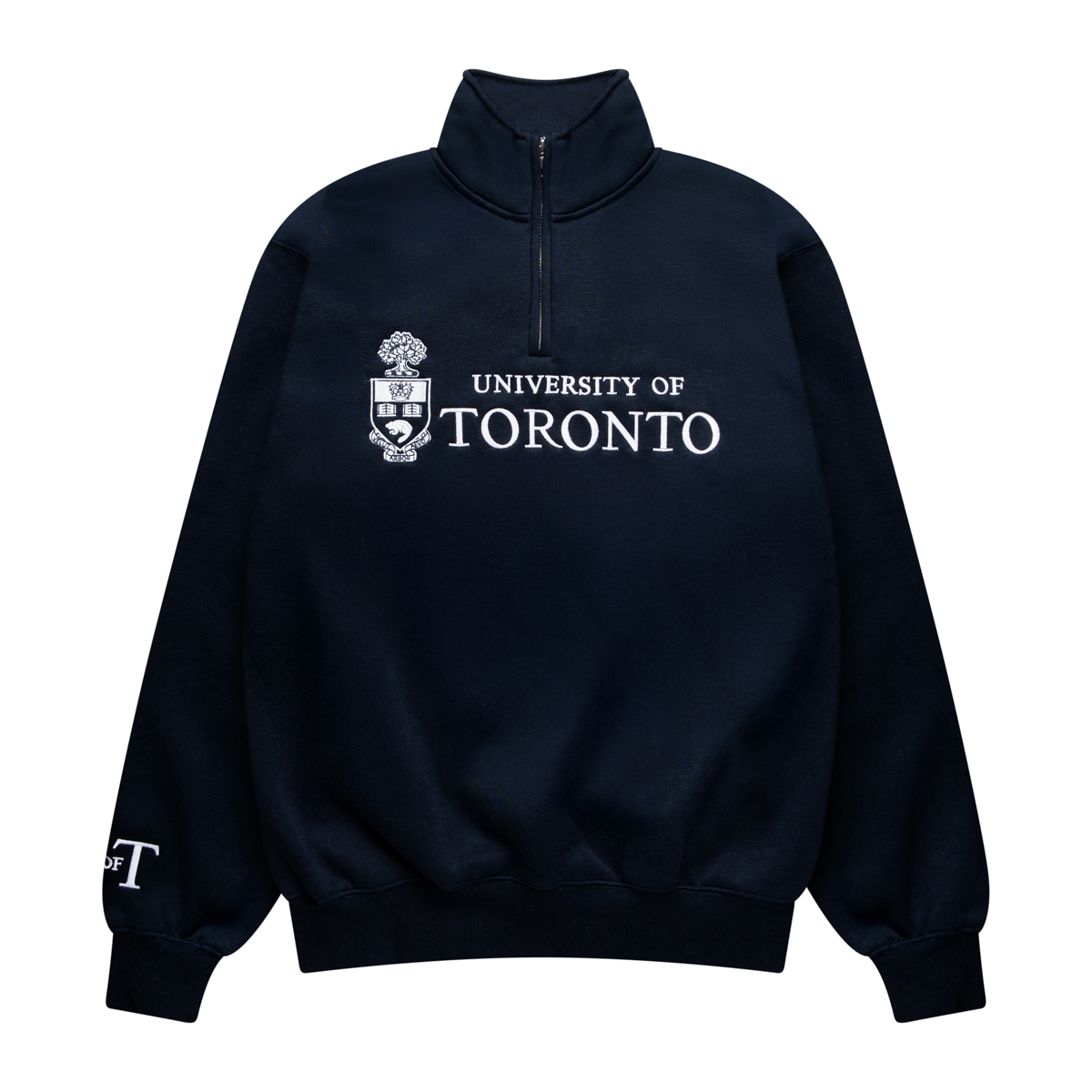 Navy blue University of Toronto branded sweatshirt shown from multiple angles.