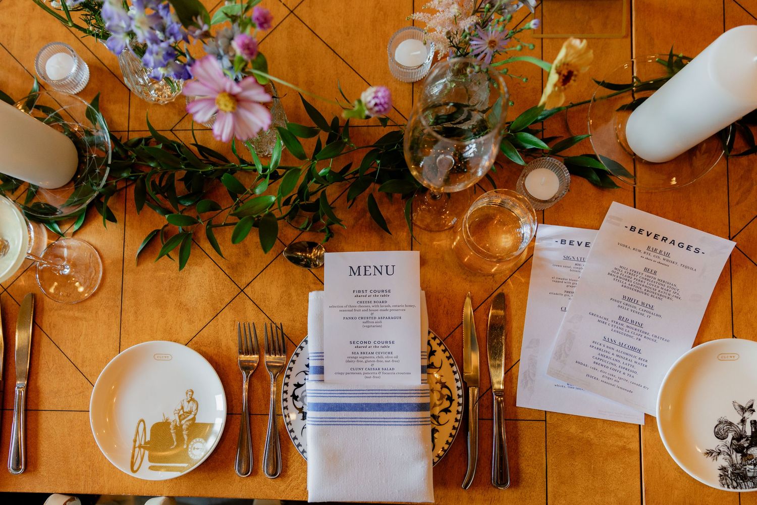 Overhead view of an elegant wedding reception table with floral arrangements and place settings.