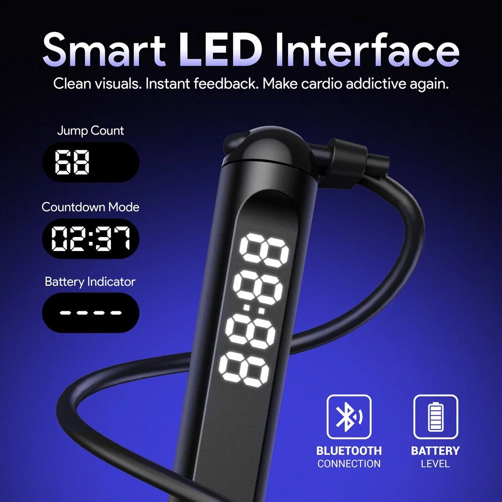 Smart LED interface display showing jump count and workout metrics on blue background.
