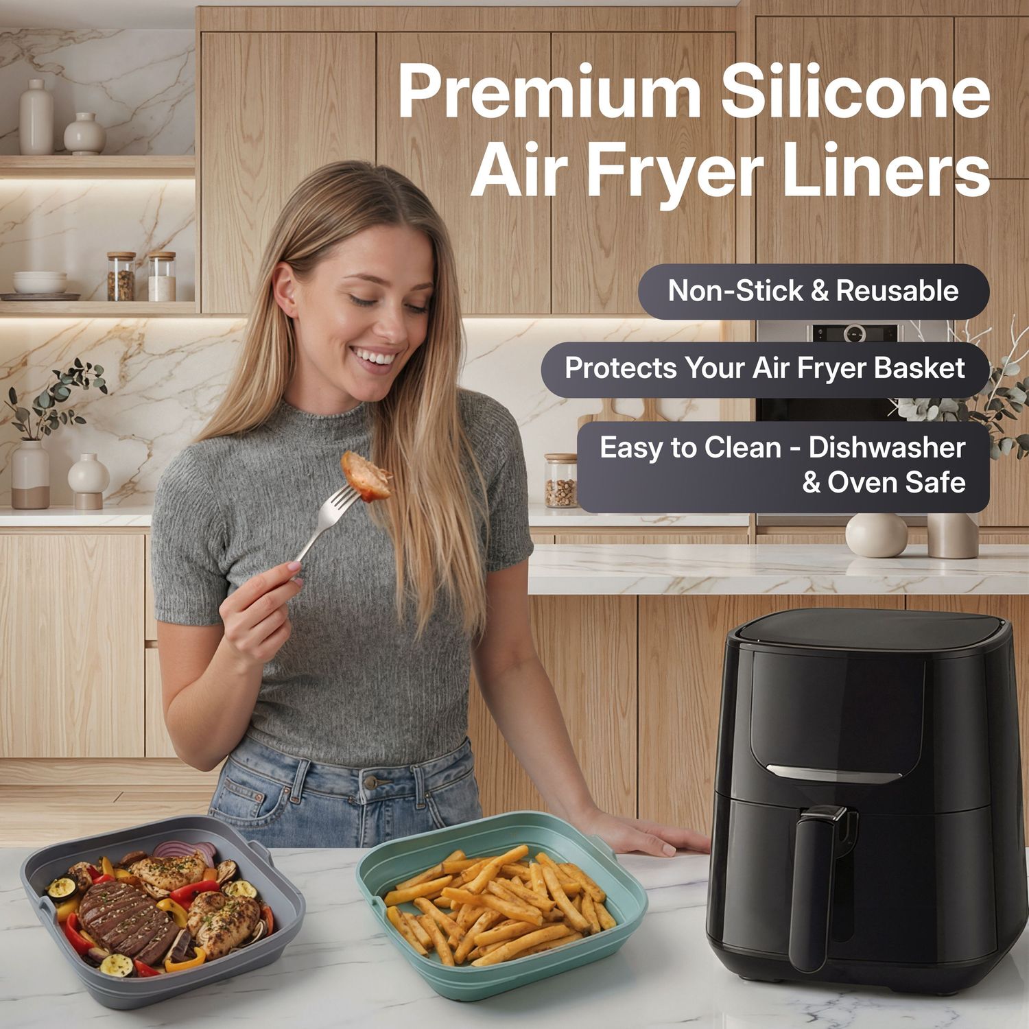 Kitchen scene showing air fryer and silicone basket liners with cooked food displayed in teal-colored containers.