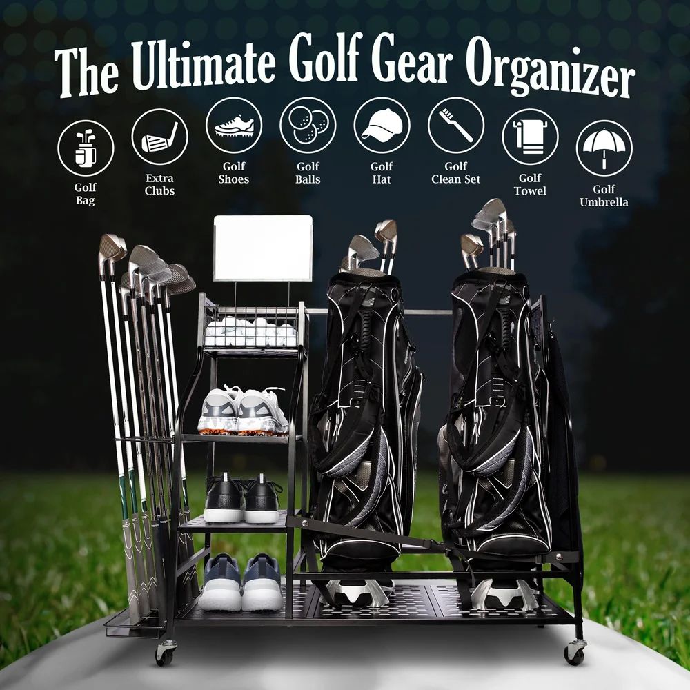 Ultimate golf gear organizer system displayed with multiple club storage sections and accessories.