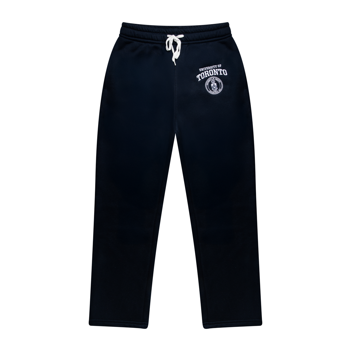 Black athletic sweatpants with drawstring waistband and university logo branding.