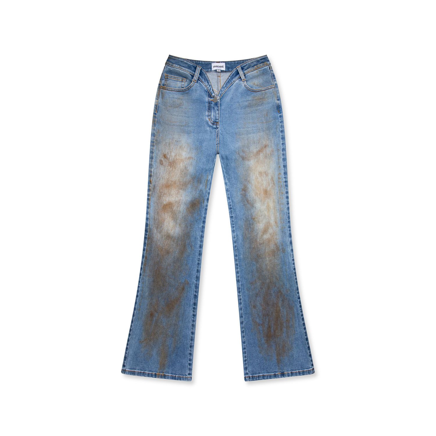 Vintage-style light wash denim shorts with distressed patches and raw hem.