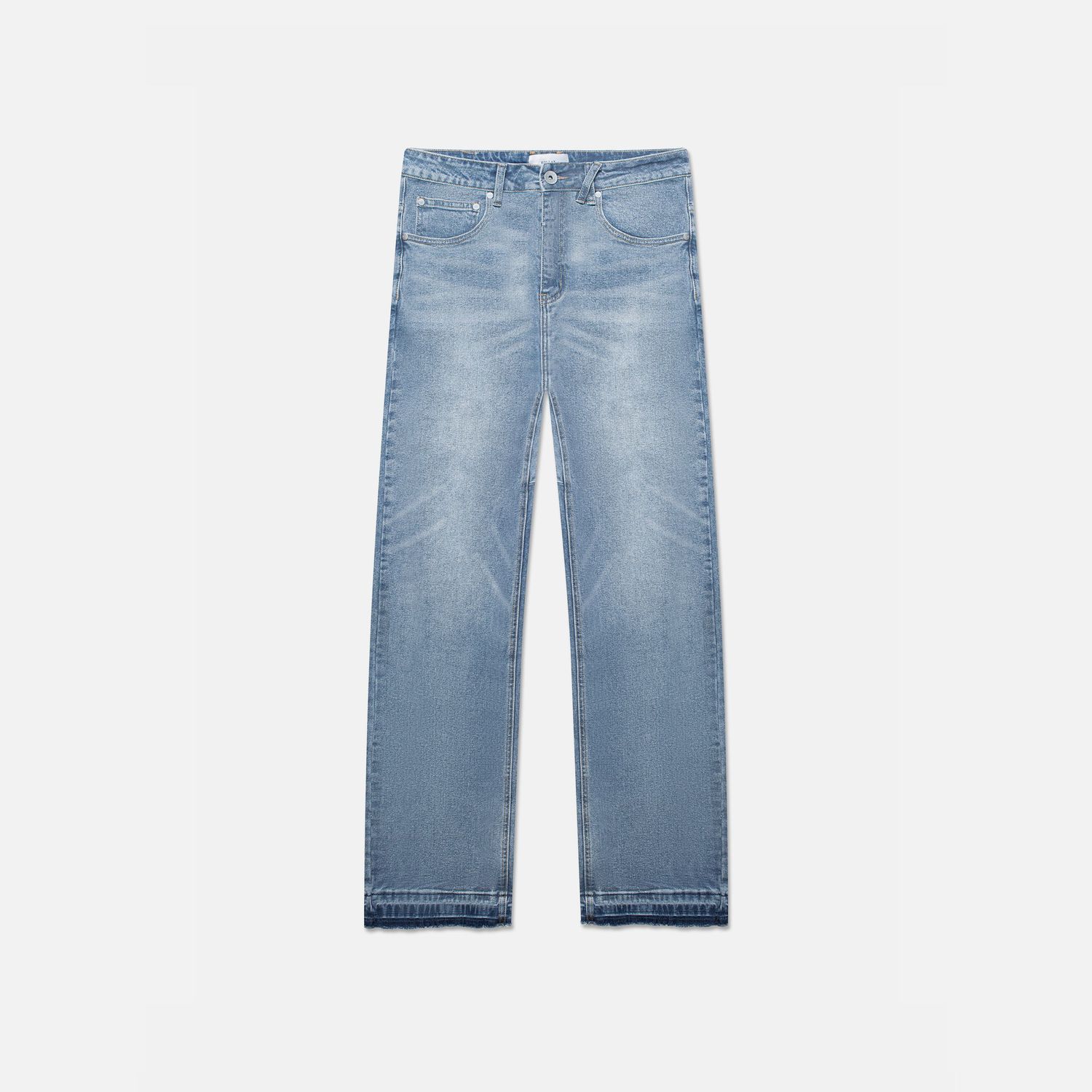 Light wash denim jeans in a relaxed fit style shown from multiple angles.