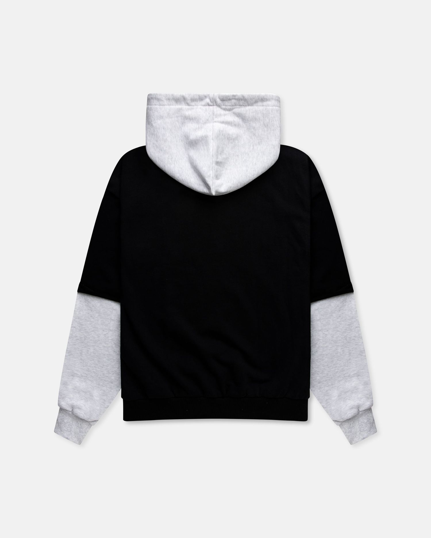 Two-tone hoodie with black body and grey hood and sleeves, featuring a relaxed fit and ribbed cuffs.