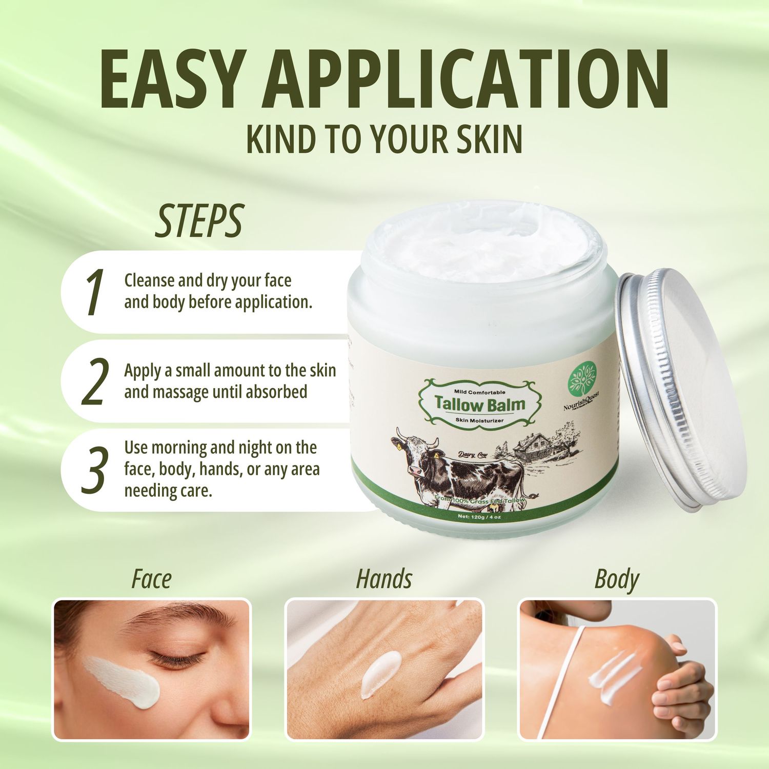 Step-by-step application guide for skincare product showing proper usage technique.