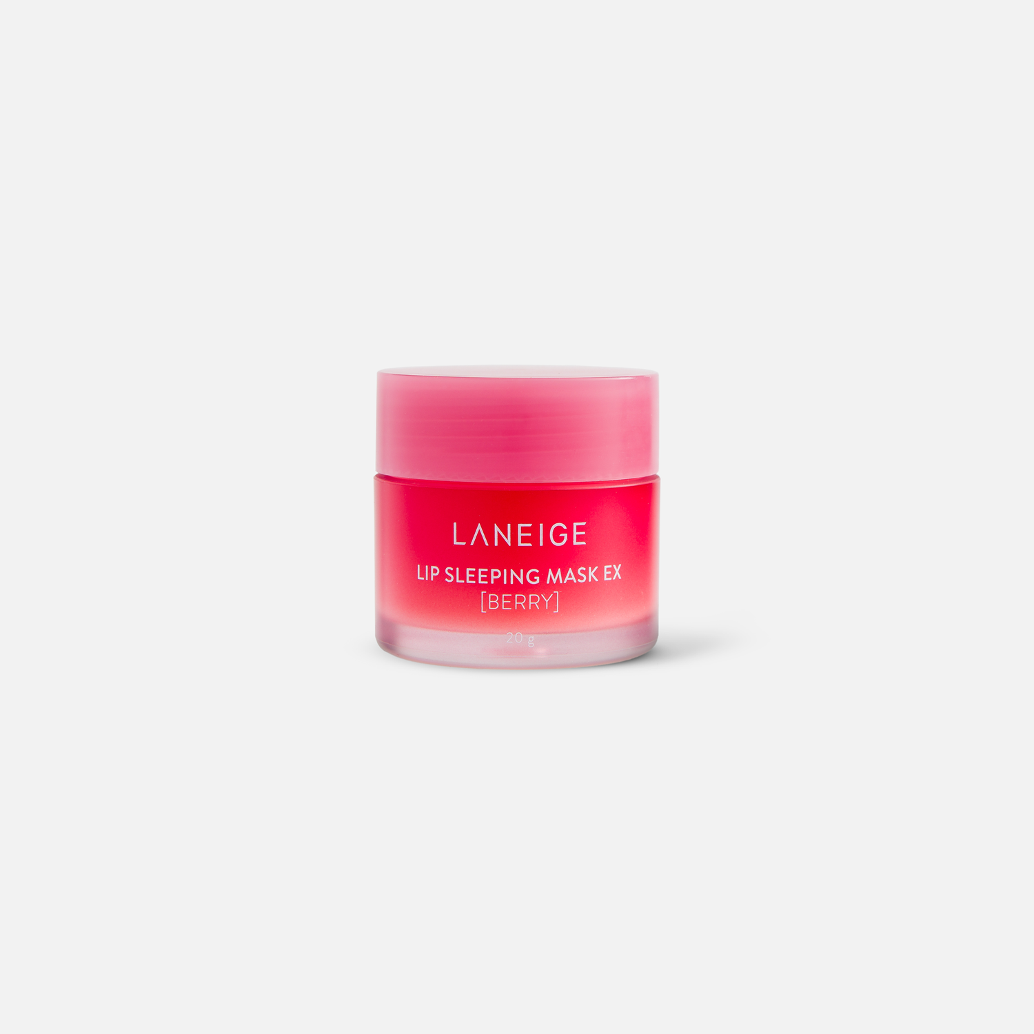 Pink jar of Laneige lip sleeping mask product against white background.