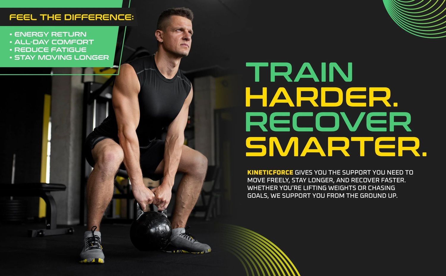 Marketing banner for athletic training shoes with green and black design elements.