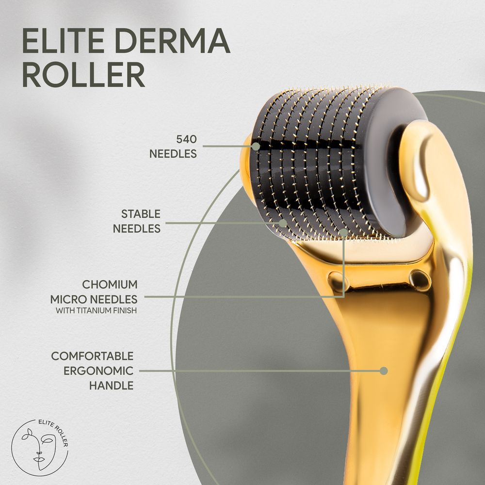 Detailed product specifications of Elite Derma Roller showing its ergonomic design and needle configuration.
