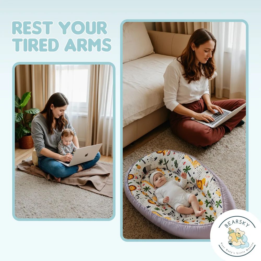 Lifestyle photos showing various uses of baby nest lounger in home settings.