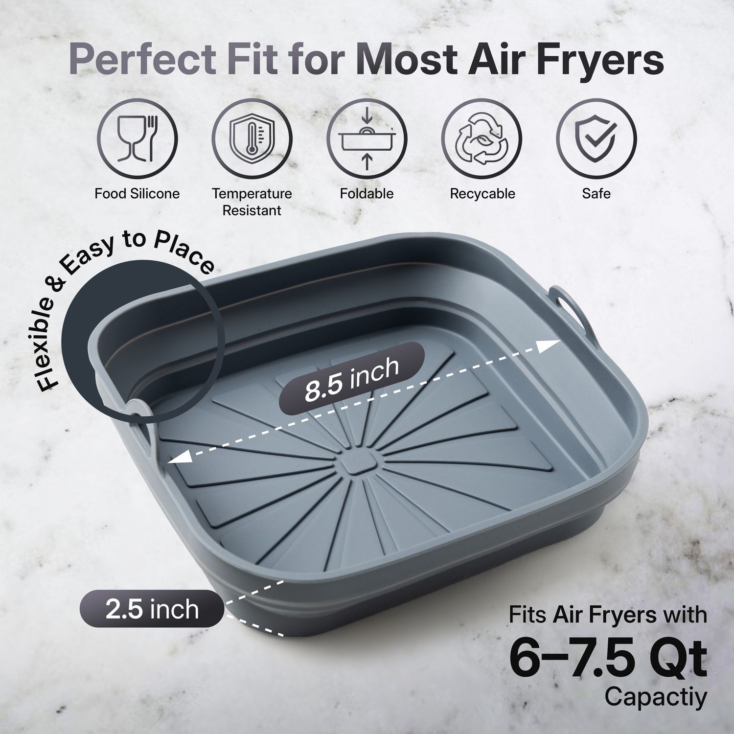 A black silicone air fryer basket liner showing dimensions of 8.5 inches and 2.5 inches with 6-7.5 qt capacity.