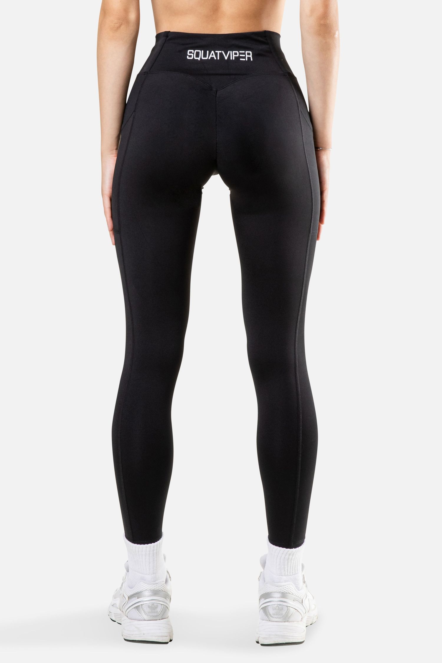 Black compression leggings with SQUATWEAR branding shown from multiple angles on white background.