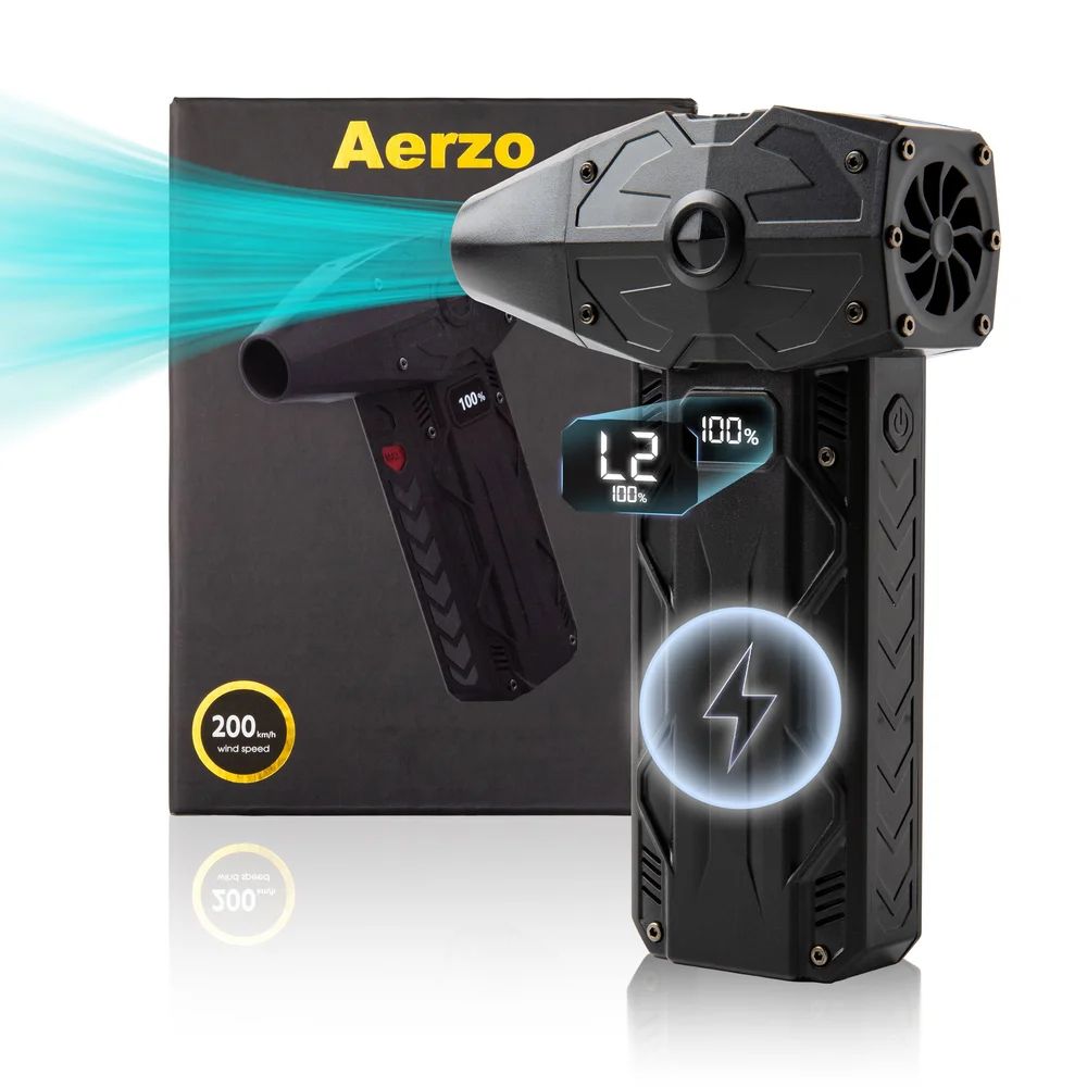Aerzo branded air duster device with power indicator and technical specifications.