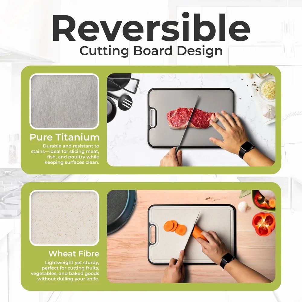 Reversible cutting board design showing titanium and wheat fiber sides being used for food preparation.
