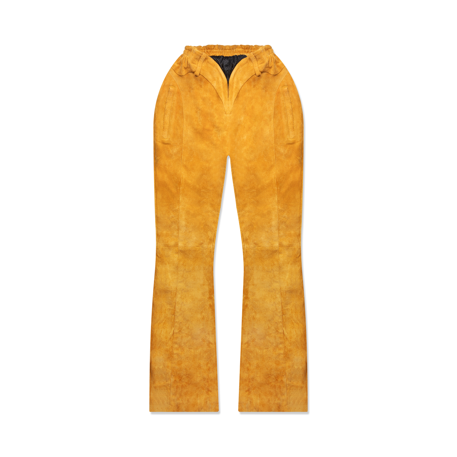 Yellow suede pants shown from multiple angles on white background.