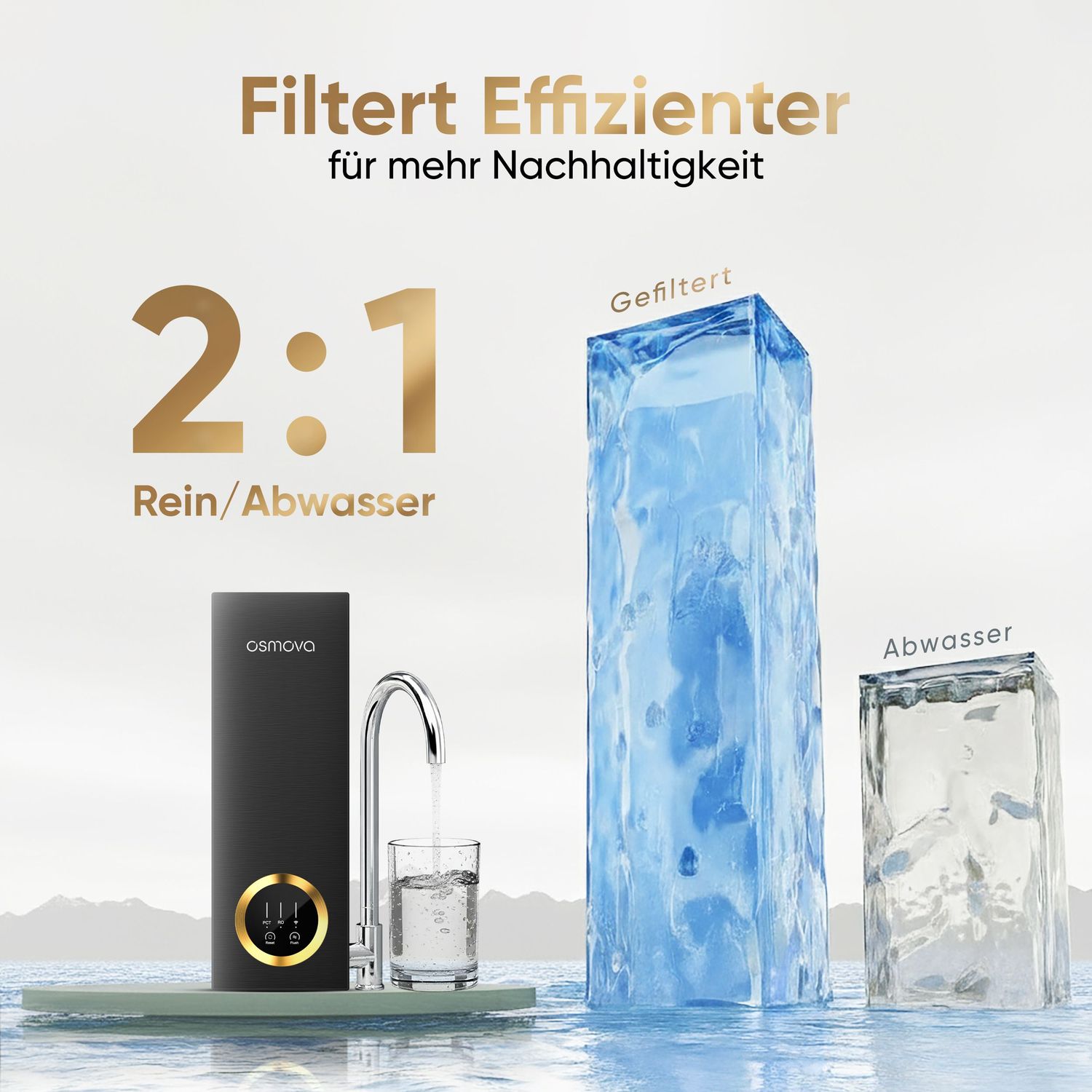Water filter efficiency demonstration with clear ice cubes and flowing water in ratio 2:1.