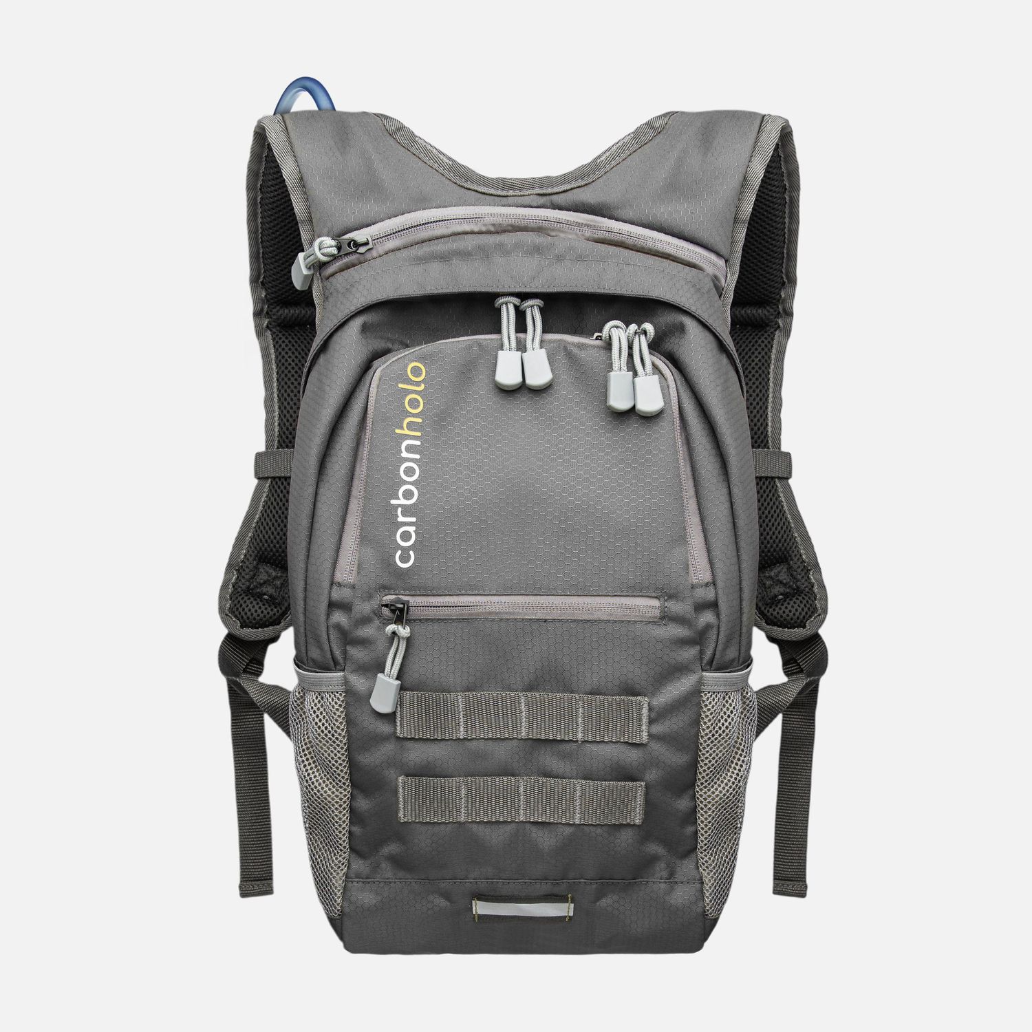 Gray tactical backpack with multiple compartments and MOLLE webbing system.