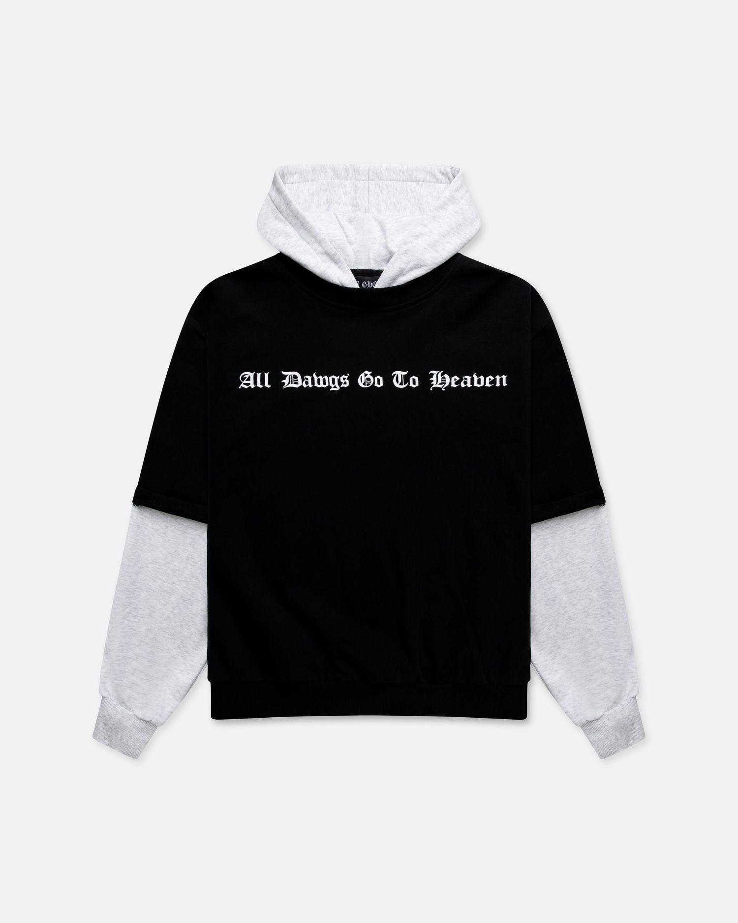 Black and grey layered hoodie with 'All Dawgs Go To Heaven' gothic text print on chest.