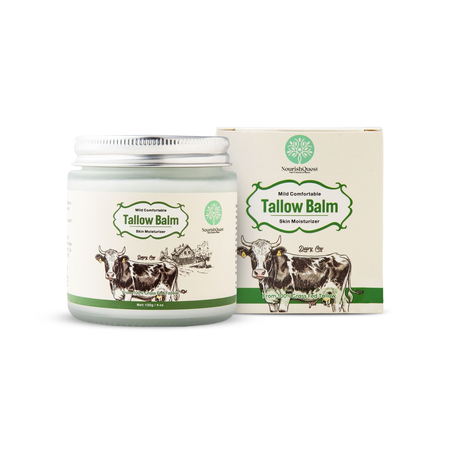 Multiple product shots of tallow balm skincare containers with natural packaging design.