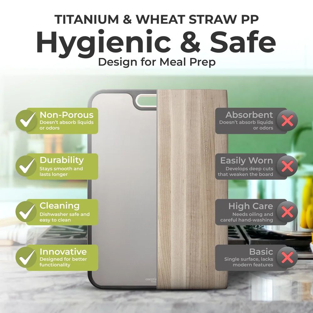 Infographic showing features of titanium and wheat straw cutting board with checkmarks for hygiene and safety.