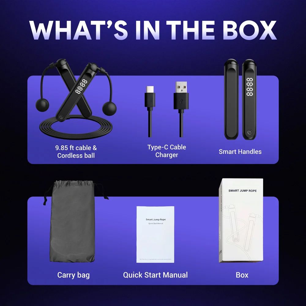 Product unboxing layout showing contents of a smart jump rope package including charger and handles.