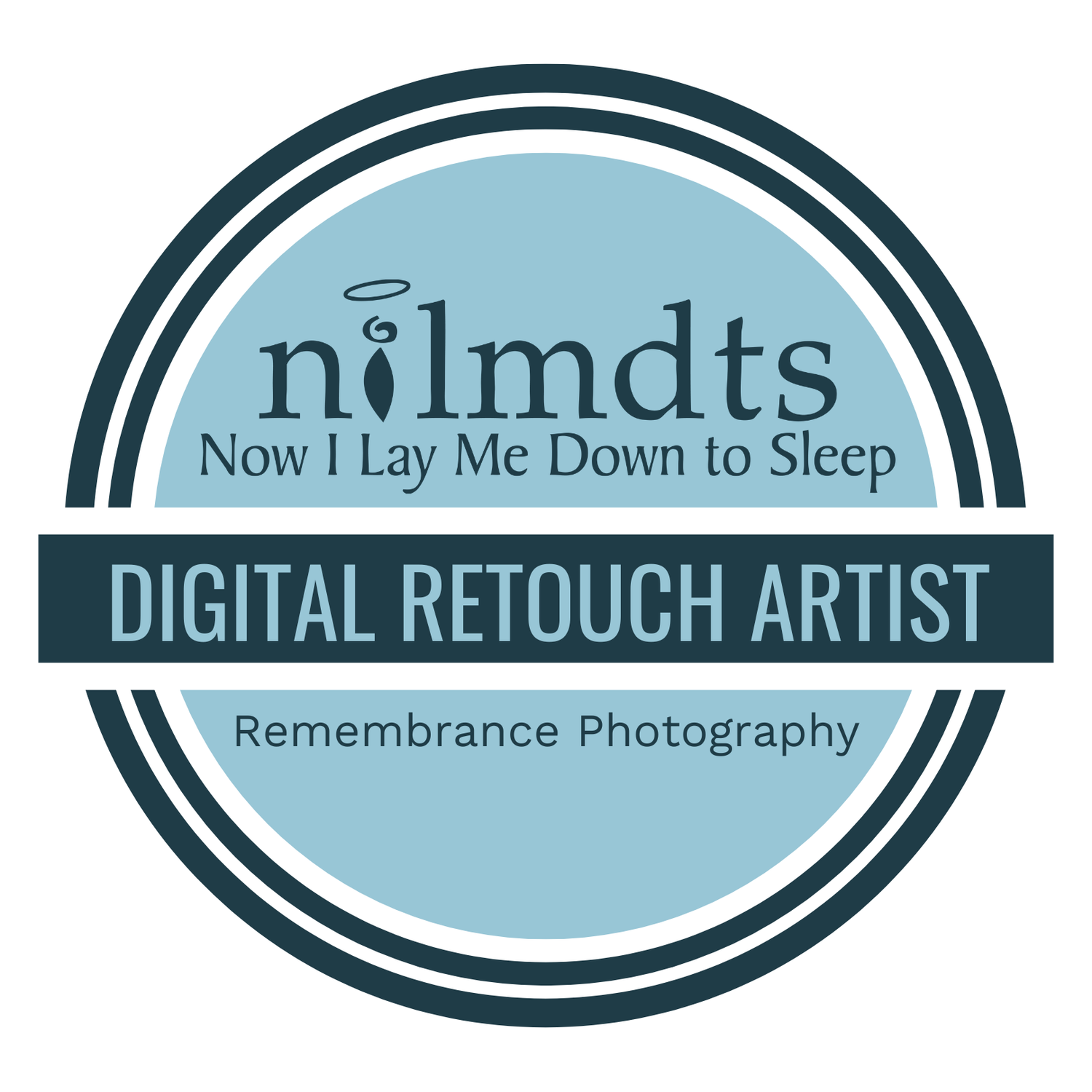A circular blue logo design for NILMDTS Digital Retouch Artist featuring text and Remembrance Photography branding.