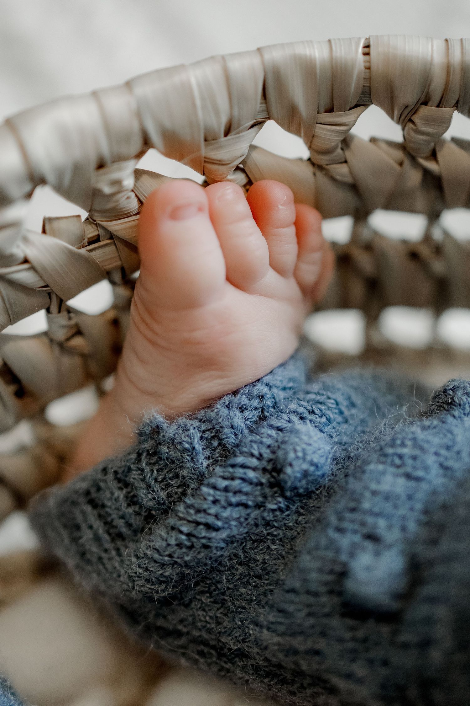Close-up of a newborn baby's tiny hand gripping the edge of a woven basket, wearing a soft blue knit sweater.