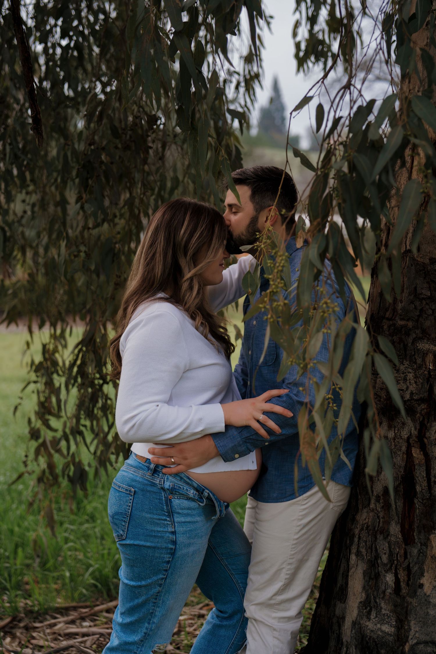 A couple shares intimate moments beneath eucalyptus trees during an outdoor photo session.